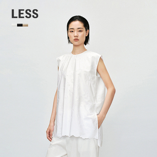 LESS夏休闲小花绣花棉质无袖系带圆领无袖上衣衬衫女2P621400H