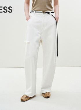 LESS时髦弯刀牛仔裤女通勤休闲棉质破洞剪口白色香蕉裤2P3E13120