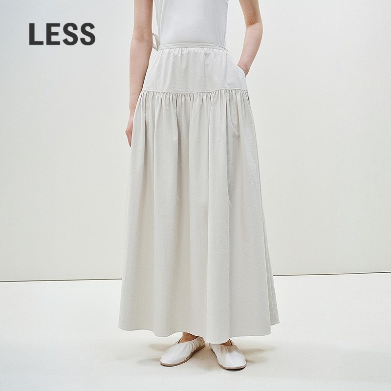 LESS春夏长款半身裙女纯色高腰气质宽松A字休闲微褶腰裙2P3D