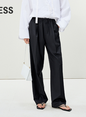 LESS春休闲通勤宽松含绵羊毛简约直筒松紧腰西装裤女2P3E10010