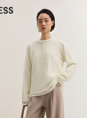 LESS长袖套头针织衫女通勤休闲宽松薄款长绒棉圆领上衣2P331501H