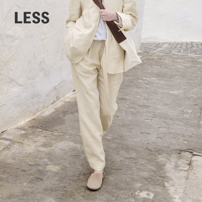 LESS褶皱亚麻裤子女复古简约薄款透气舒适直筒休闲长裤2O4E1