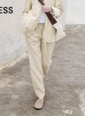 LESS褶皱亚麻裤子女复古简约薄款透气舒适直筒休闲长裤2O4E11030