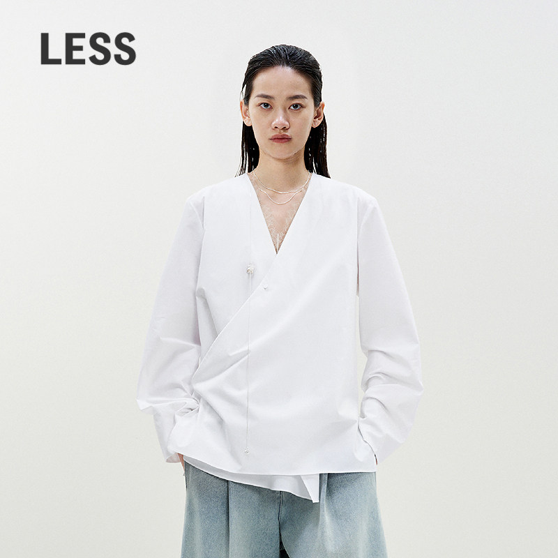 LESS春季蕾丝拼接假两件衬衫女中式围裹设计感府绸衬衣2P121