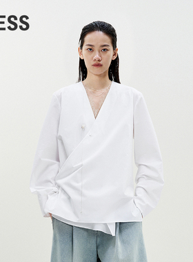 LESS春季蕾丝拼接假两件衬衫女中式围裹设计感府绸衬衣2P1212940