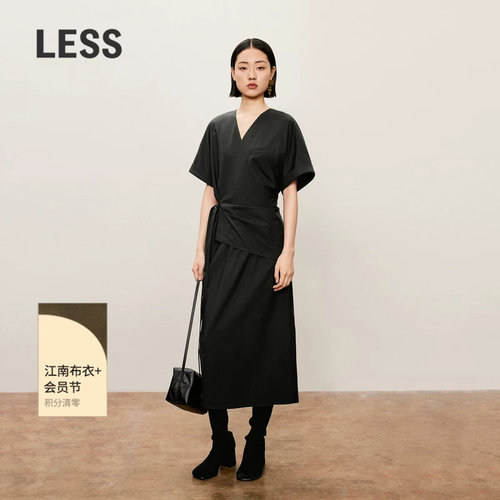 LESS春秋休闲收腰系带长裙女不规则极简优雅短袖连衣裙2O7G14770