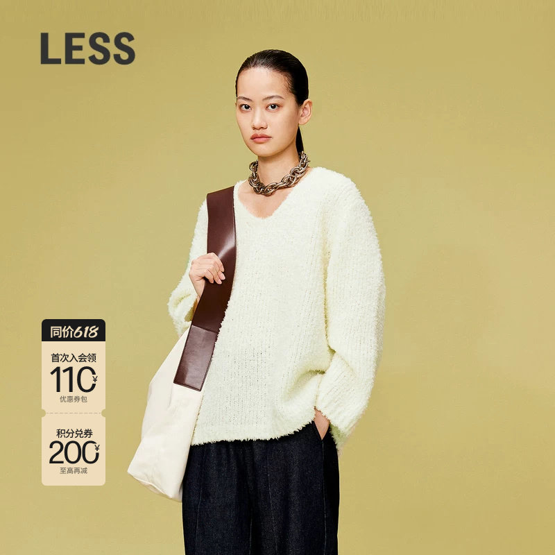 LESS春宽松休闲V领后背设计感绵羊毛软糯蓬松针织毛衫2O231