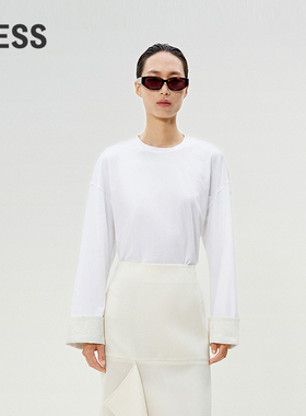 LESS春季气质袖口拼接T恤女东方设计感宽松圆领长袖上衣2P2112860