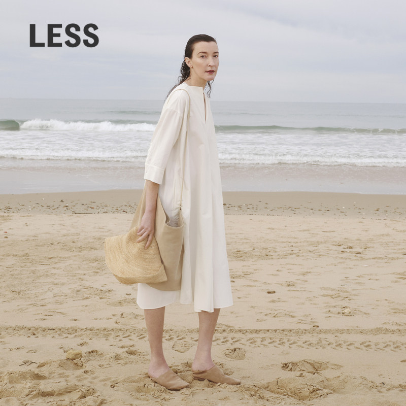 LESS夏季休闲中袖白色箱型V领衬衫长款连衣裙宽松含腰带2O4G11290