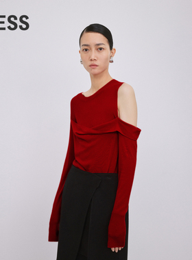 LESS巴素兰羊毛衫女红色镂空设计感露肩内搭针织衫2N0312930