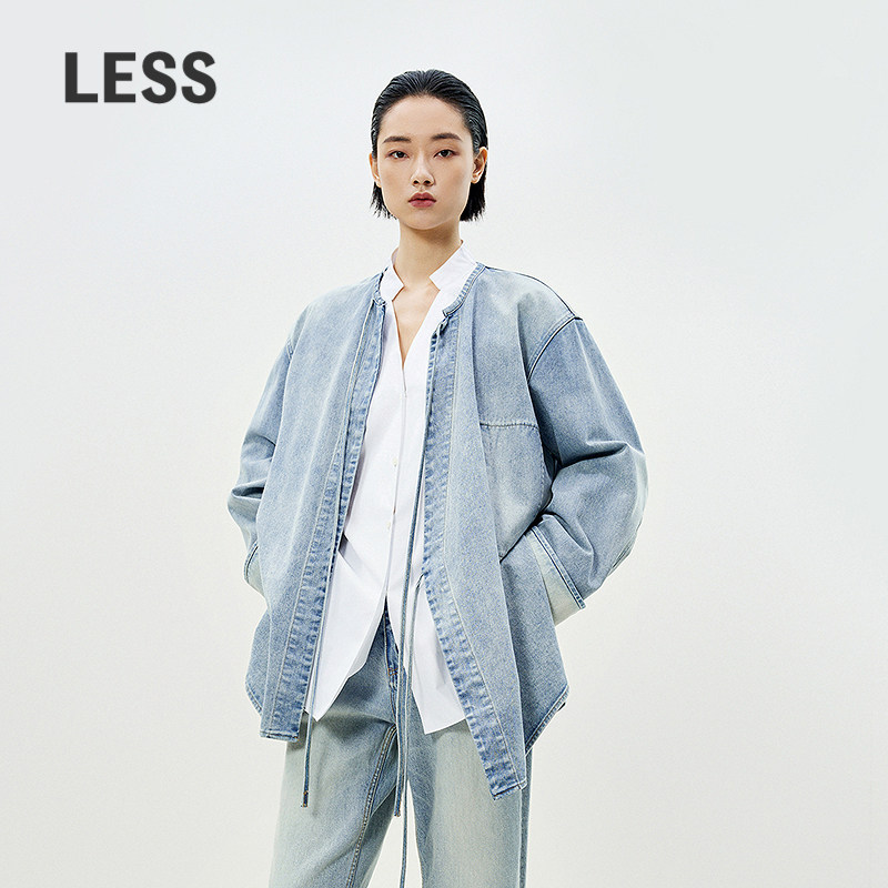LESS春季新中式牛仔外套女重工水洗全棉无领宽松夹克2P2613