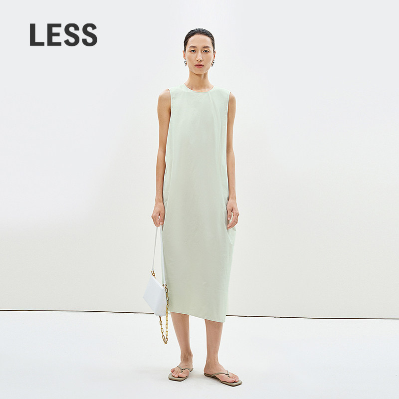 LESS夏日清新感背心长裙简约休闲圆领长绒棉无袖连衣裙2P4G1