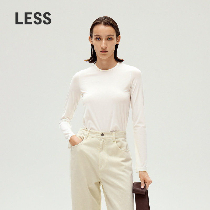 【周迅同款】LESS春圆领长袖T恤女白色休闲修身打底衫2O211