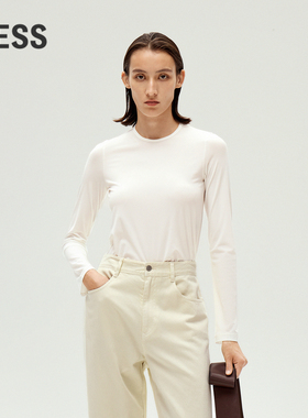 【周迅同款】LESS春圆领长袖T恤女白色休闲修身打底衫2O2113250