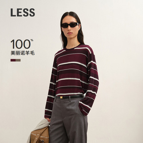 LESS套头长袖T恤女条纹薄针织衫