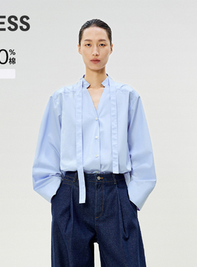 LESS春全棉衬衣立领长袖宽松休闲衬衫简约蓝色上衣女2P1213800