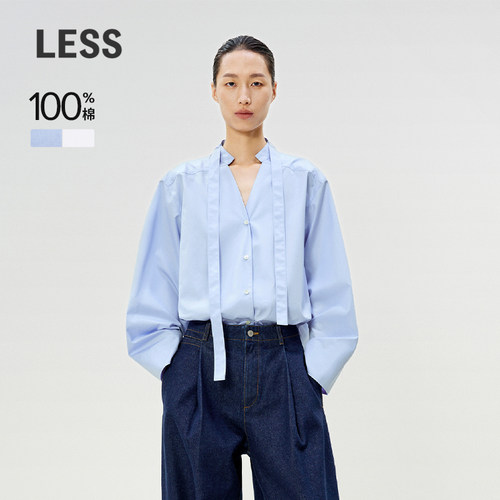 LESS春季新款小立领领带全棉衬衣