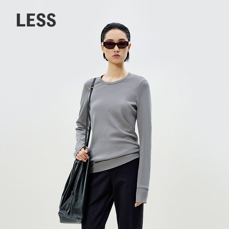 LESS春全棉加宽袖口T恤女通勤正肩长袖圆领修身打底衫2P111