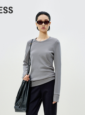 LESS春全棉加宽袖口T恤女通勤正肩长袖圆领修身打底衫2P1112770