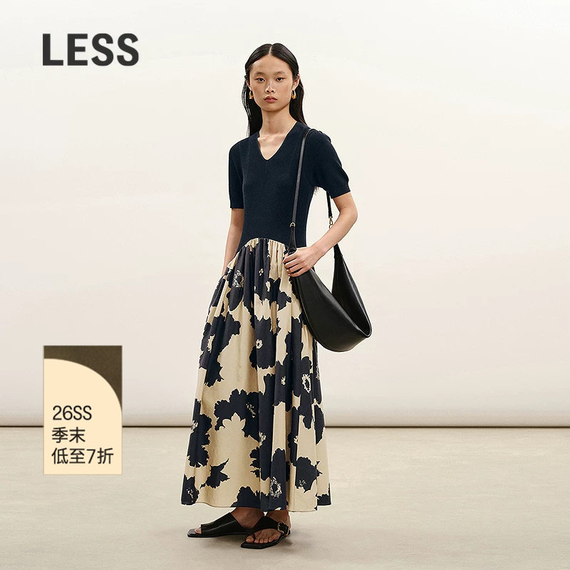 LESS修身V领撞色拼接短袖连衣裙图片