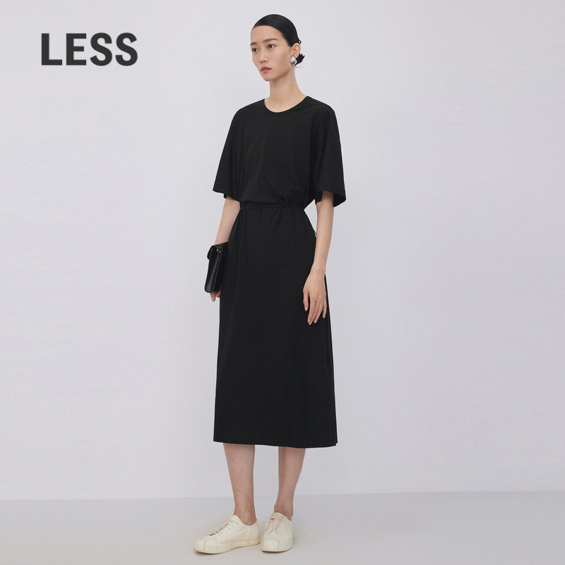 LESS春秋棉质裙子女休闲简约收腰基础款短袖连衣裙2N7G106