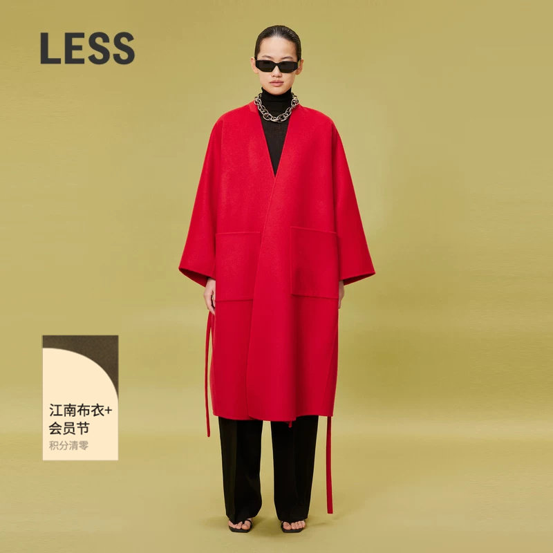 LESS冬慵懒红色毛呢大衣女气质口袋绵羊毛和服式外套女2O1813010