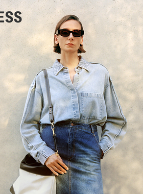 LESS复古水洗牛仔衬衫女通勤时髦环保含莱赛尔廓形上衣2P2210840