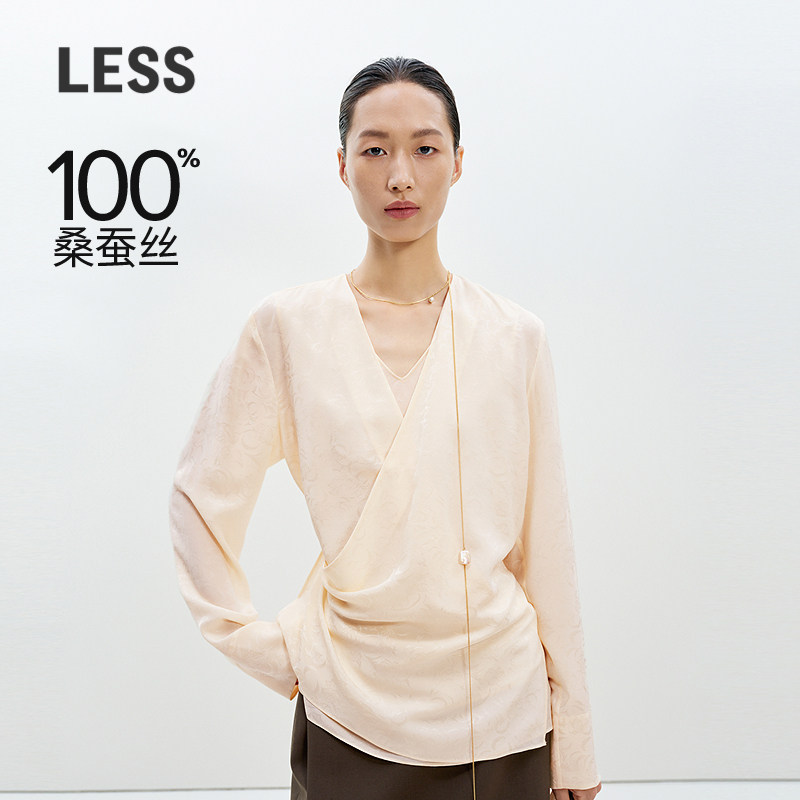 LESS新中式假两件衬衫女艺术感围裹桑蚕丝提花V领上衣女2P12