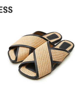 LESS夏季平底休闲凉鞋女复古度假风交叉编织带平底鞋3P4M10120