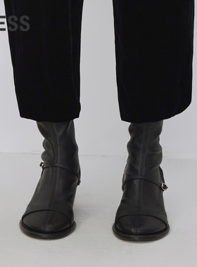 LESS秋季羊皮革女式鞋子优雅圆头中跟低筒靴3N9M11960