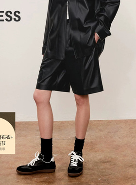 LESS复古高腰PU皮短裤女休闲直筒通勤黑色百搭中裤女2O8E10340