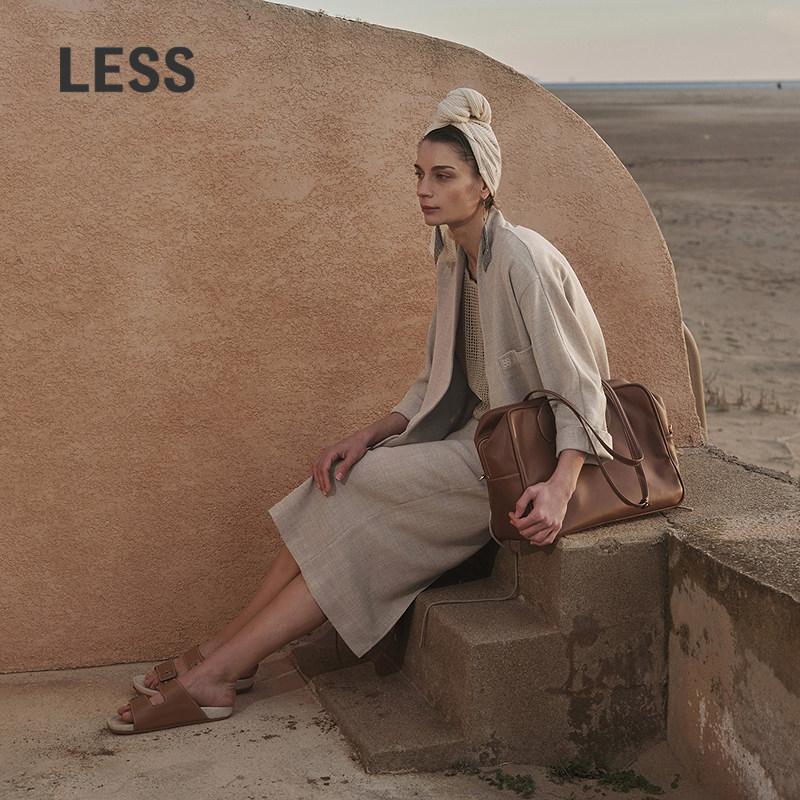 LESS夏季高腰半身裙女环保再生涤纶仿麻感开叉直筒腰裙2P5D1