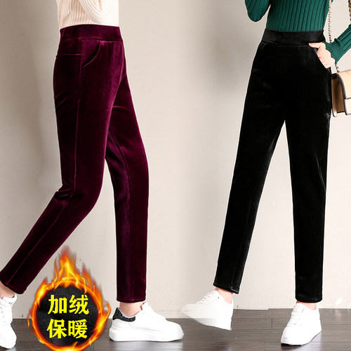 新品妈妈裤子秋冬装加绒加厚宽松金丝绒冬季保暖长裤中老年女裤