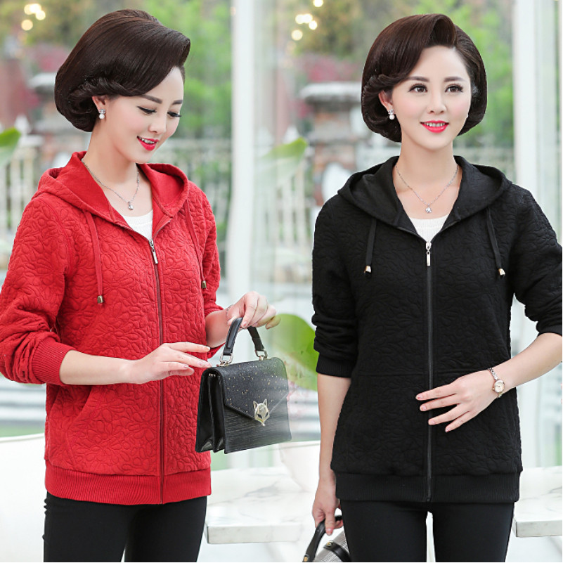 妈妈春秋装带帽卫衣中年女士外套中老年纯棉运动服外套加肥加大码