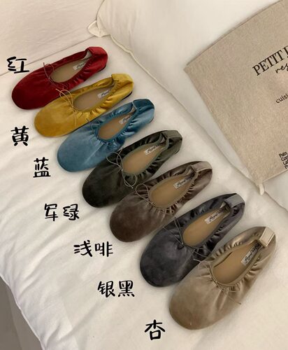 复古风蝴蝶结芭蕾舞鞋女平底软皮单鞋百搭丝绒透气一脚蹬懒人鞋