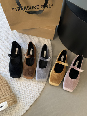 法式气质绒面玛丽珍鞋2024韩版晚风方头浅口单鞋女加绒平底毛毛鞋