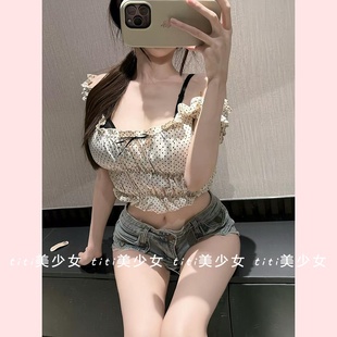 甜美波点方领吊带背心女秋无袖 纯欲风法式 打底上衣 TiTi美少女