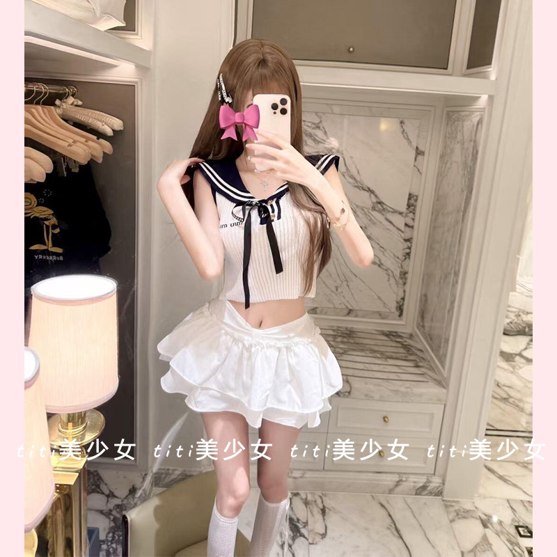 【TiTi美少女】纯欲字母刺绣丝带蝴蝶结装饰海军领披肩领针织背心
