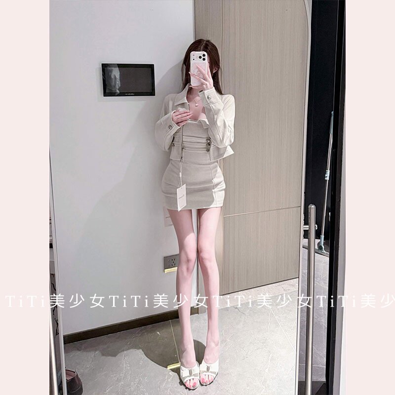 【TiTi美少女】陈允朵*拿破仑*翻领短款外套连衣裙显瘦包臀裙套装
