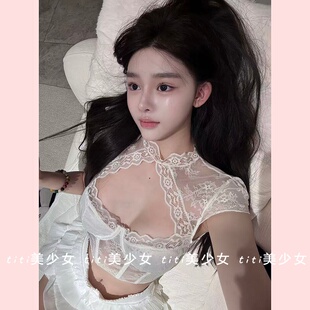 【TiTi美少女】性感透视蕾丝雪纺衫纯欲镂空露胸修身短款鱼骨上衣