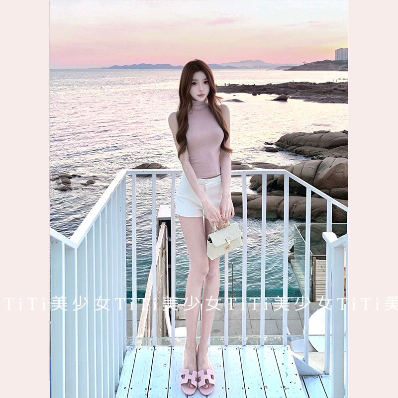 【TiTi美少女】纯欲粉色半高领t恤背心外穿修身显瘦内搭无袖上衣