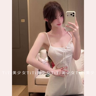 【TiTi美少女】白色吊带裙纯欲少女连衣裙女夏纯棉竖条纹绑带裙子