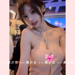 纯欲风单排扣一字肩抹胸显胸百搭毛线针织上衣 冬季 TiTi美少女