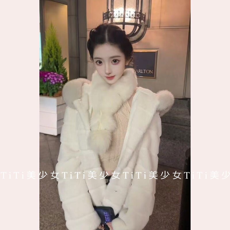 【TiTi美少女】貂绒皮草外套连帽中长款2026秋冬新款狐狸毛领大衣