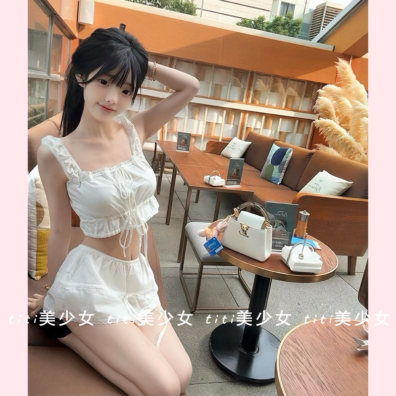【TiTi美少女】纯欲风辣妹显身材蝴蝶结吊带半身裙裤外穿清凉套装