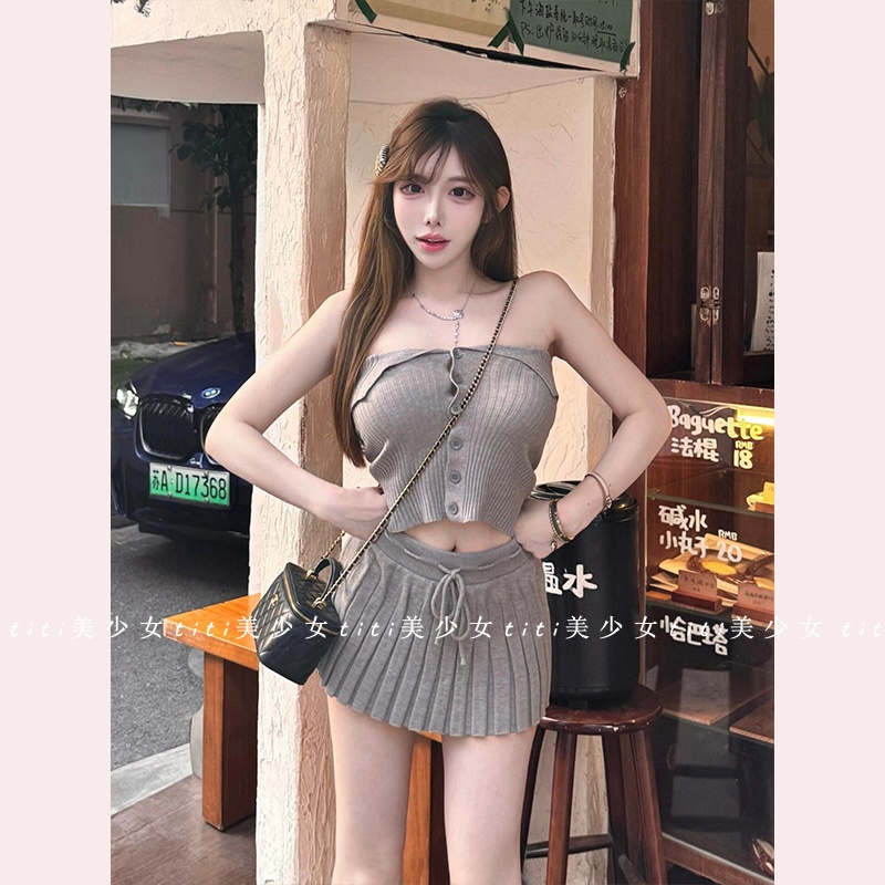【TiTi美少女】纯欲性感针织背心百褶裙时尚套装两件套防走光内衬