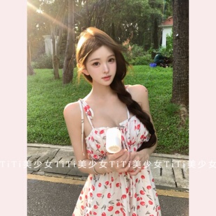 【TiTi美少女】樱桃图案纯欲绑带吊带裙收腰紧身无袖甜美连衣裙女
