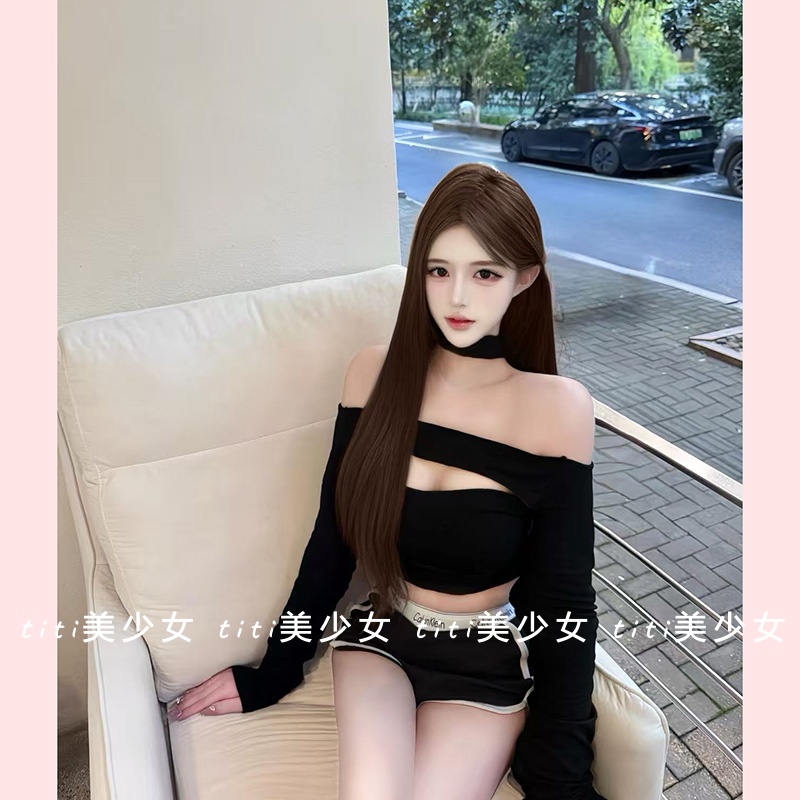 辣妹纯欲修身短款露肩上衣