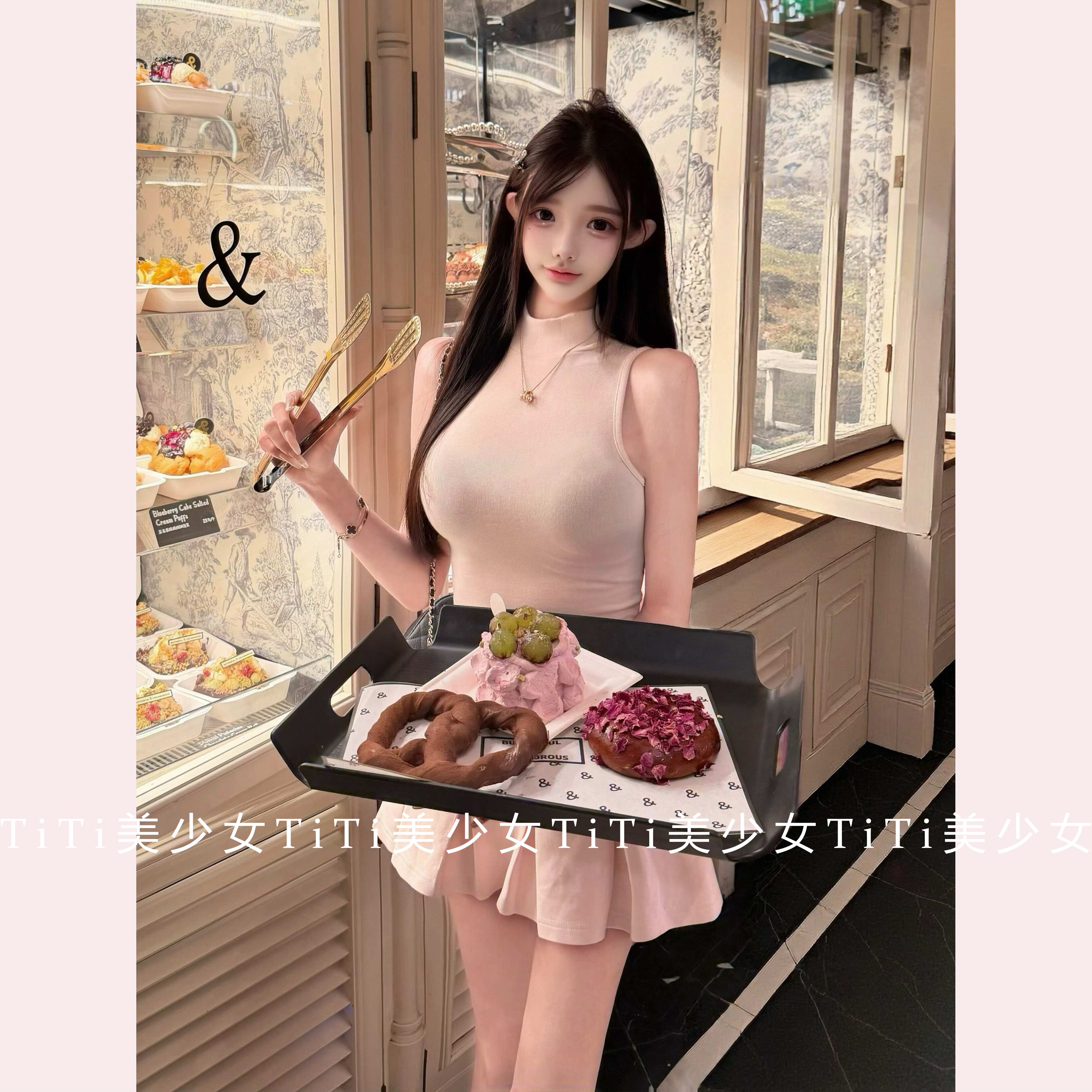【TiTi美少女】甜妹针织半高领修身背心上衣辣妹粉百褶半身裙套装