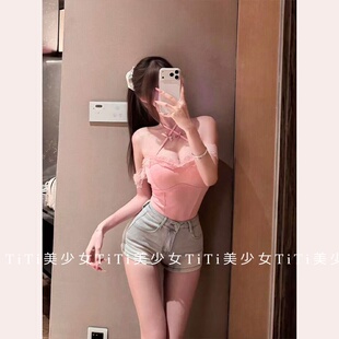【TiTi美少女】减龄粉色小飞袖蕾丝挂脖背心女一字肩鱼骨抹胸上衣